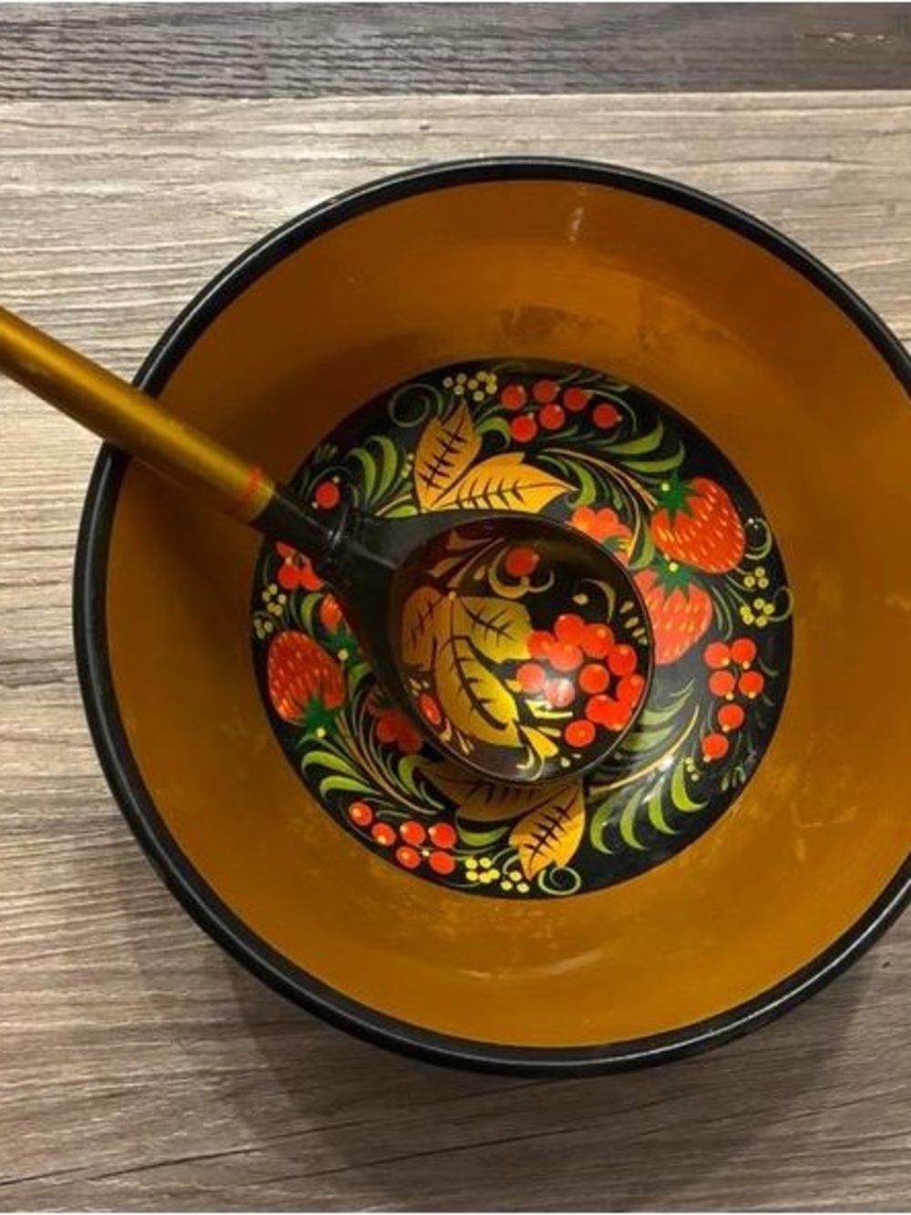 Hand-Painted Decorative Serving Bowl and Ladle in Gold and Black